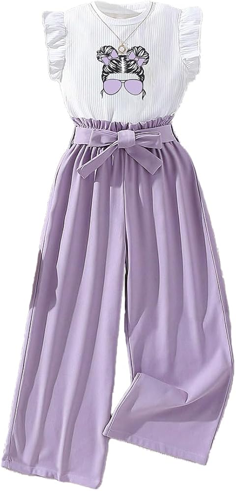 Girl's Summer 2 Piece Outfits White Printed Sleeveless T-shirt Light Purple Trousers Wide Leg Pants Two Clothing Set