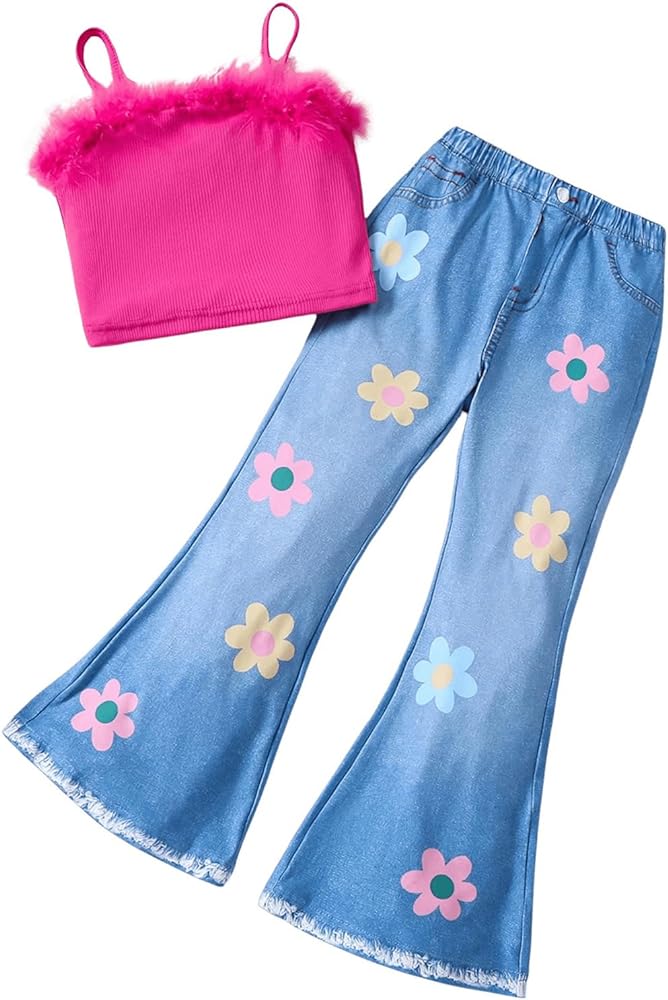 Girl's 2 Piece Outfit Fuzzy Trim Cami Crop Top and Flared Leg Floral Denim Print Pants Set