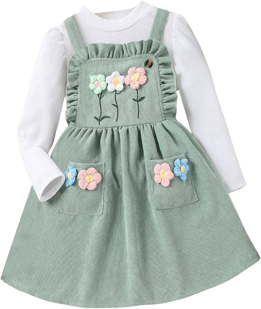 Toddler Girl's 3 Pieces Set Long Sleeve Top and Floral Frill Trim Corduroy Overall Dress with Hat