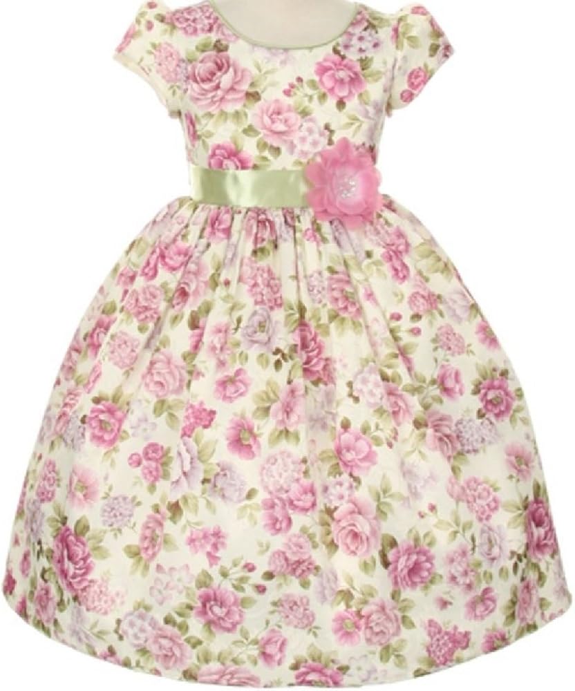 Little Girls Cap Sleeve Flower Print Jacquard Easter Flowers Girls Dresses