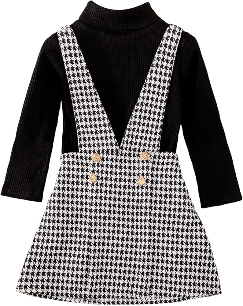 WDIRARA Toddler Girl's 2 Piece High Neck Rib Knit Top and Houndstooth Overall Dress