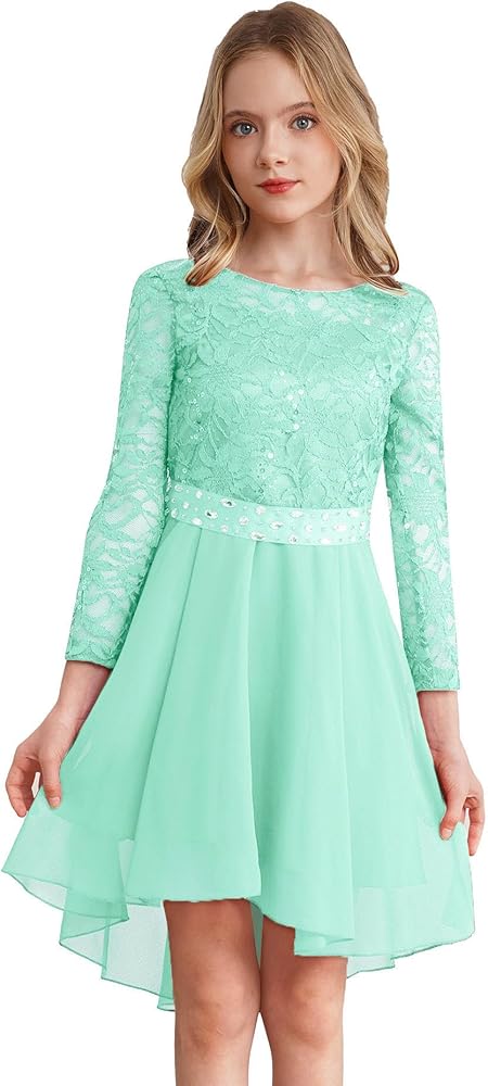 Girls Elegant Lace Flower Girl Dress Long Sleeve A-Line High Low Hem Junior Bridesmaid Dresses