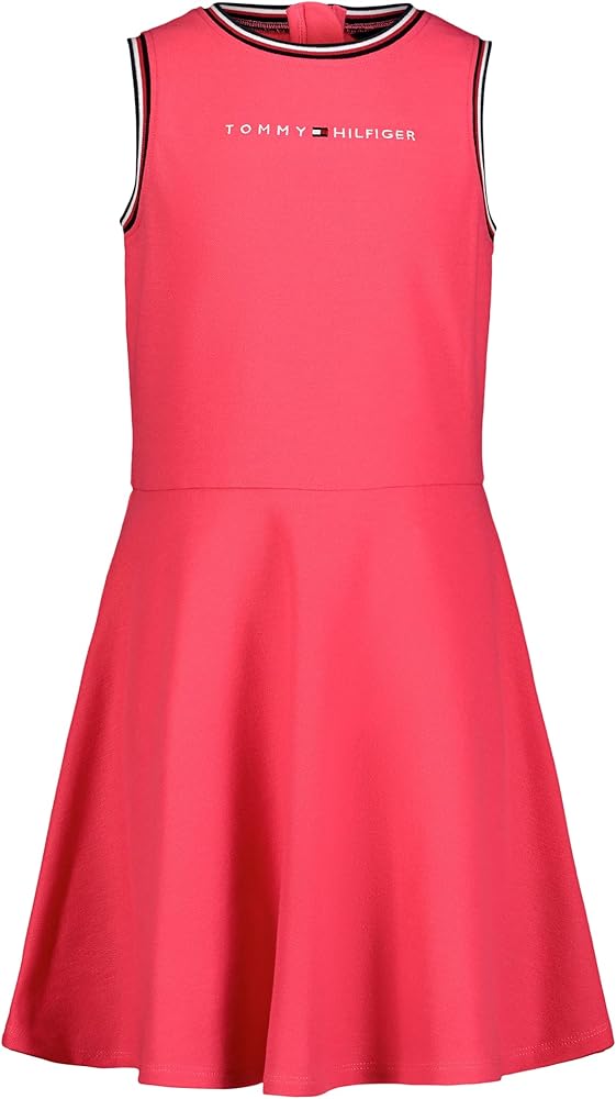 Tommy Hilfiger Girls' Sleeveless Fit and Flare Dress with Signature Stripe, Rouge Pink, 16