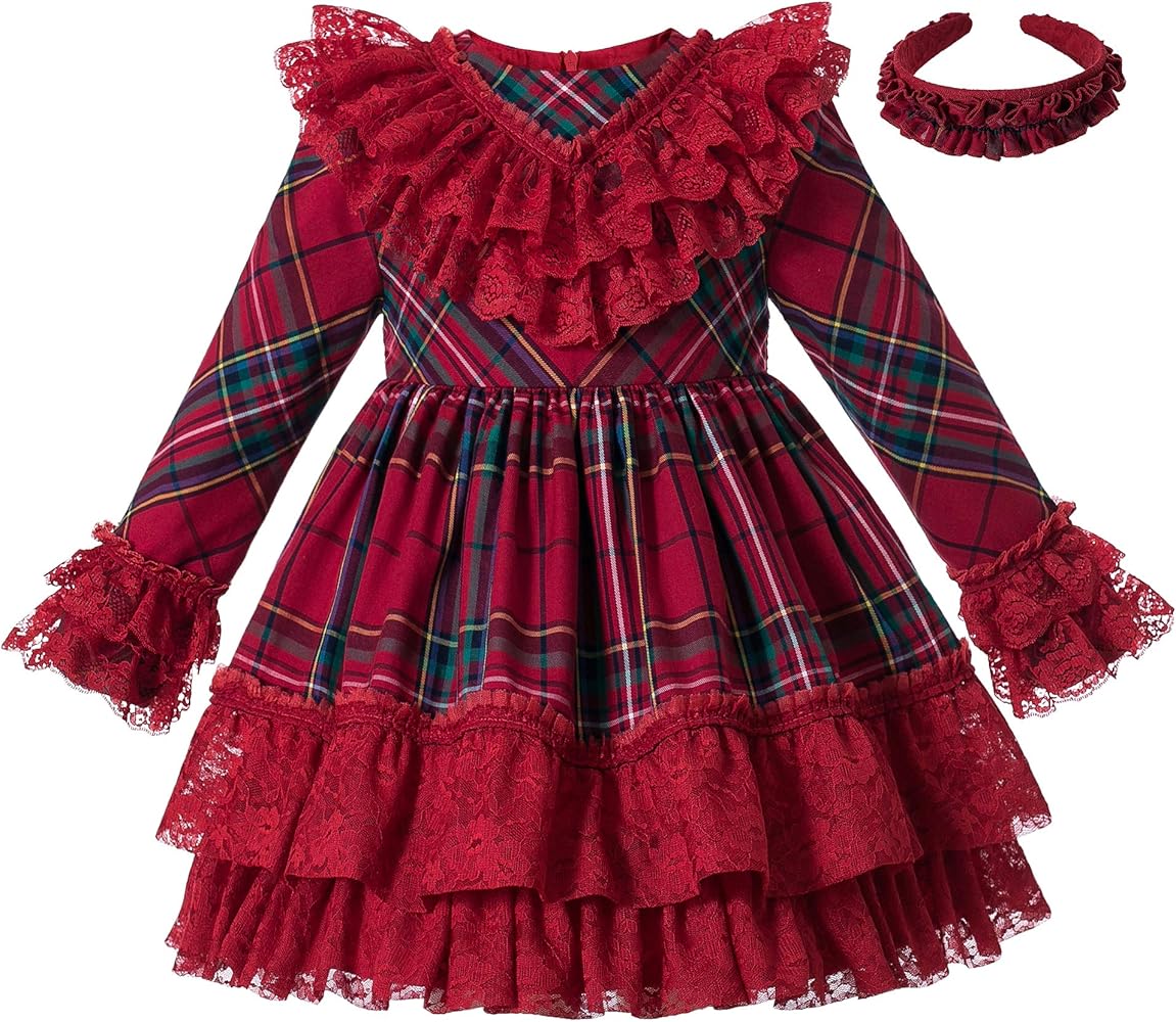 Pettigirl Girls Christmas Winter Vintage Red Plaid Lace Ruffle Layered Teen Party Clothes Long Sleeve Boutique Dress