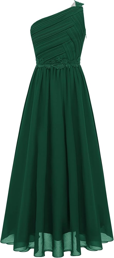 CHICTRY Girls One Shoulder Ruched Long Maxi Junior Bridesmaid Dress for Wedding Evening Party Green 12 Years