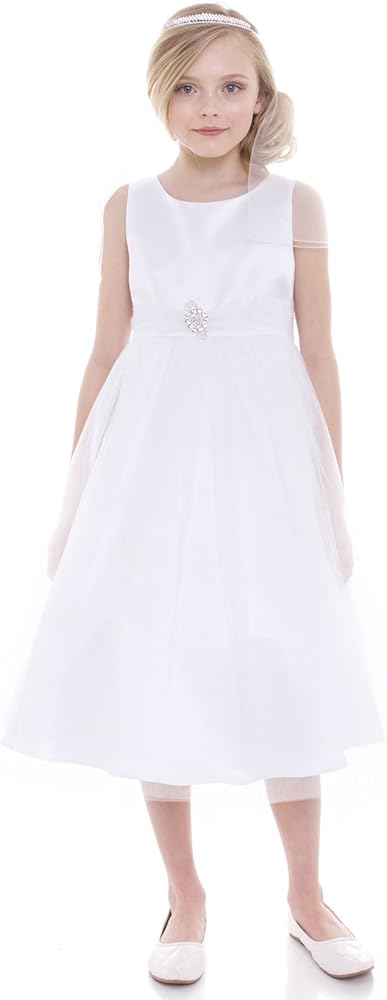 Allison Collections Girl's Sweet White Satin and Tulle Dress with Brooch-White