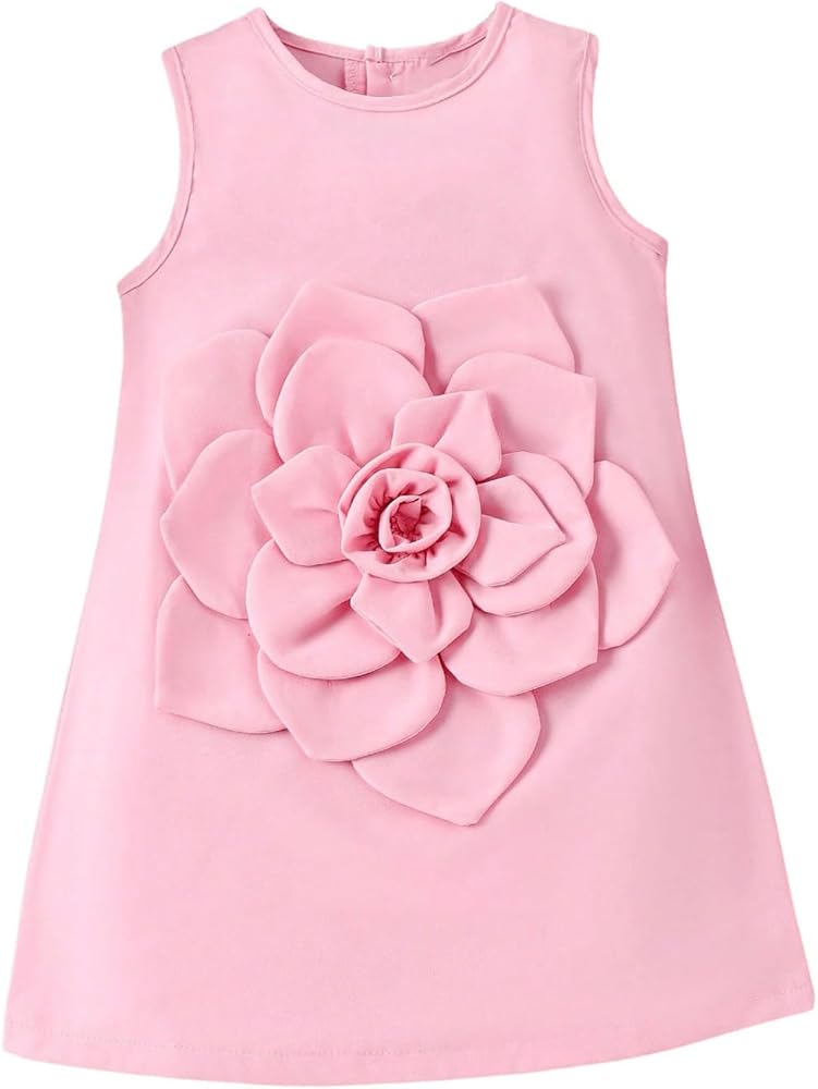 Girl's Crew Neck Tank Dress Sleeveless 3D Flower Front Button Back Casual Short Dresses