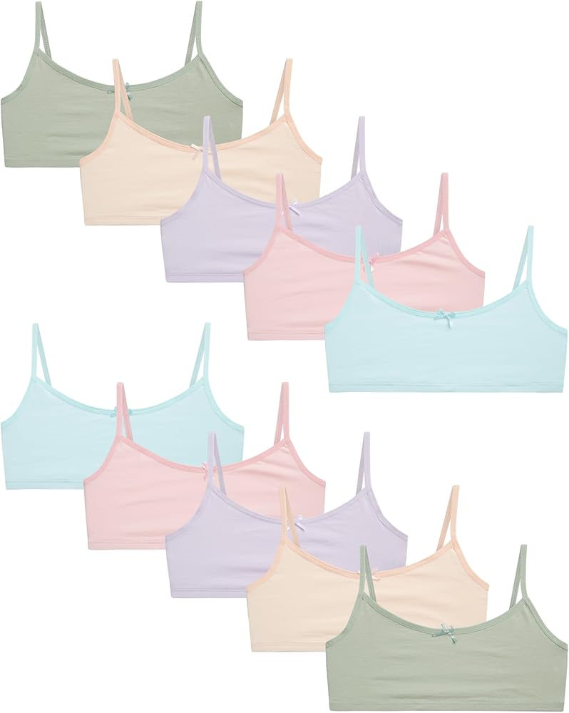 Sweet & Sassy Girls' Training Bra - 10 Pack Cotton Spandex Seamless Crop Cami Bralette - Breathable Bra for Girls (S-XL)