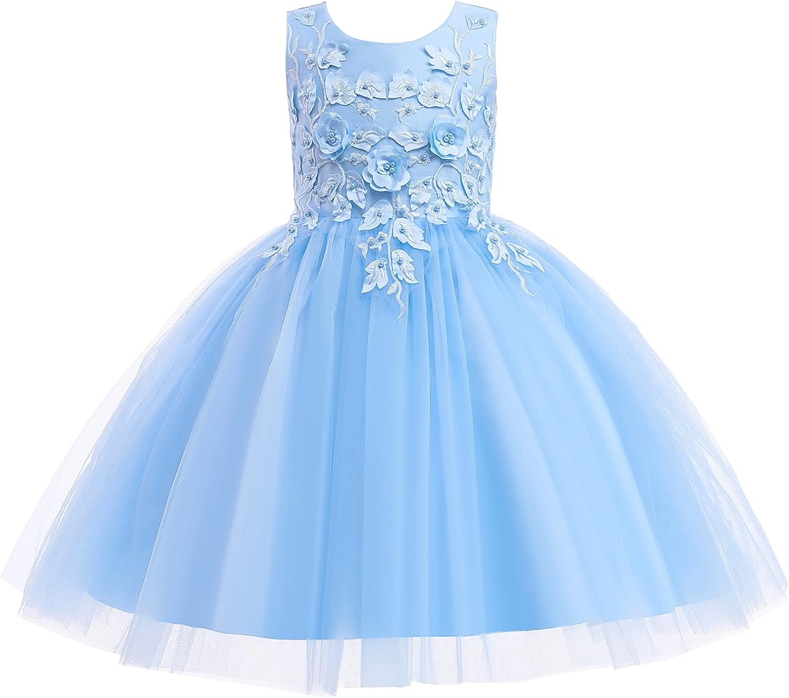 Uhnice Flower Girl Embroidery Dress Sleeveless Tulle Ball Gown