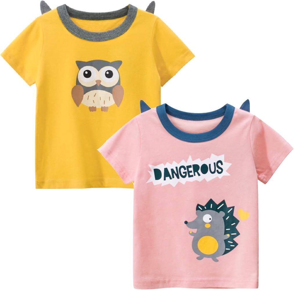 Toddler Little Girls T Shirts 2 Pack Short Sleeve Crewneck Top Tee Animal Cartoon Printed Shirts for 2-7 Years