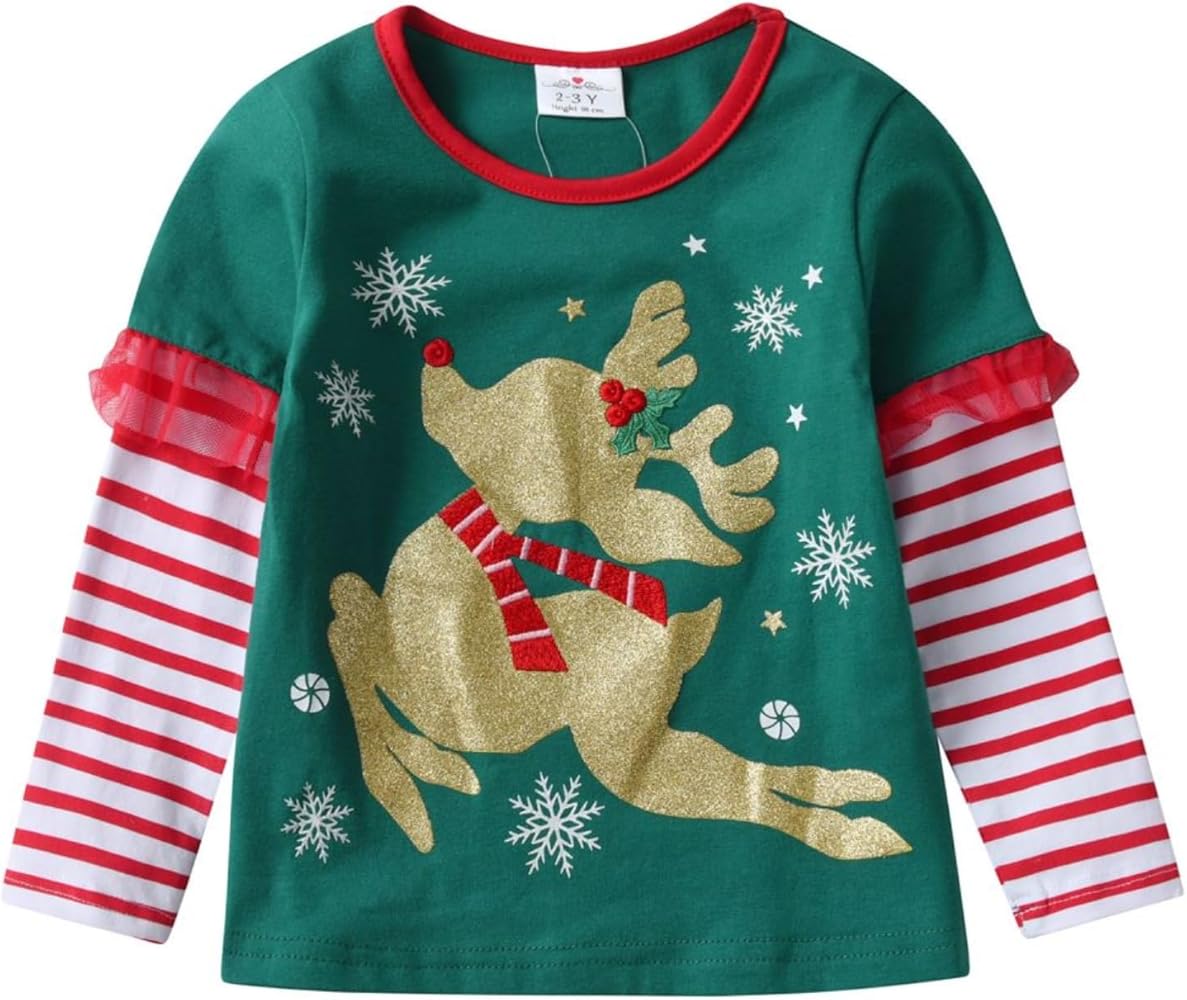 DXTON Toddler Kids Girls Long Sleeve Shirts Cute Christmas Graphic Tees Top Blouse Fall Winter 3-8 Years