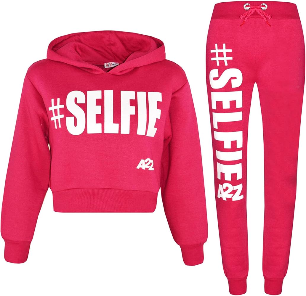 Kids Girls Jogging Suit Designer #Selfie Hooded Crop Top Bottom Tracksuit 5-13Yr