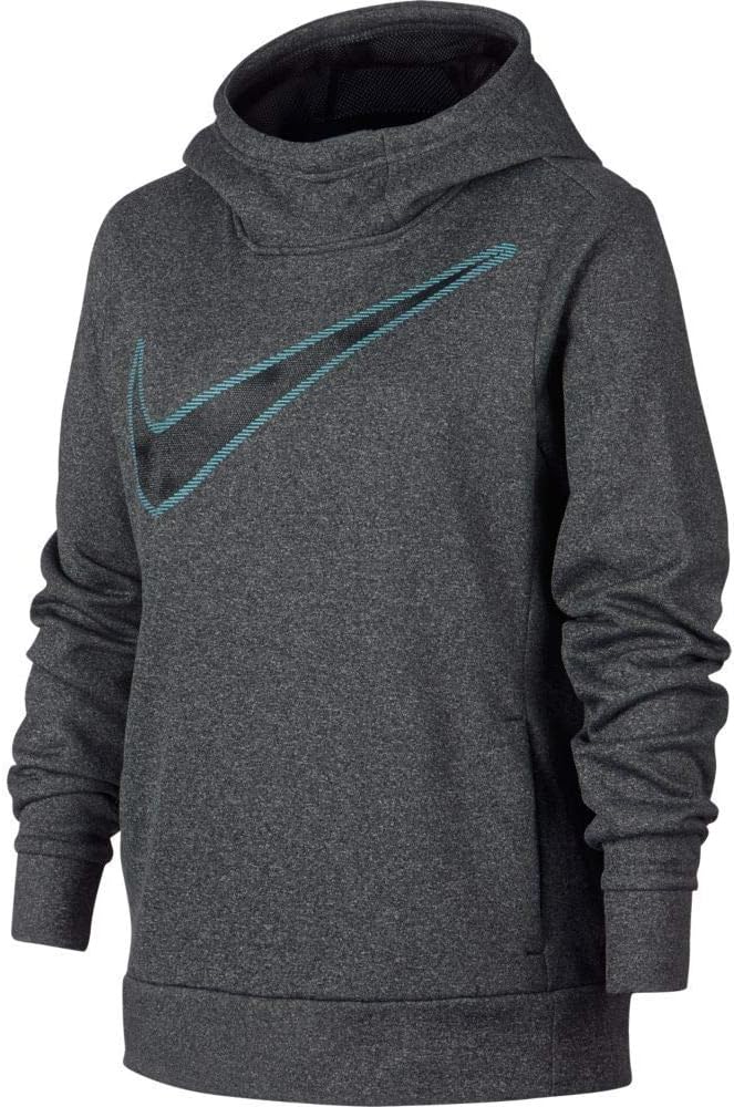 Nike Big Girls' Swoosh Thermal Pullover Sweatshirt Hoodie (Black Heather/Black, Medium)