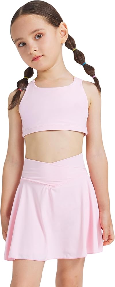 Girls 2 Piece Outfits Workout Set Gym Training Sports Bras & Skirts with Pockets Shorts Set