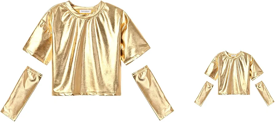 Girls&Dolls 18 inch Metallic t shirts with Arm Covers, Shiny Dancing gold Top for disco club Size 4 5