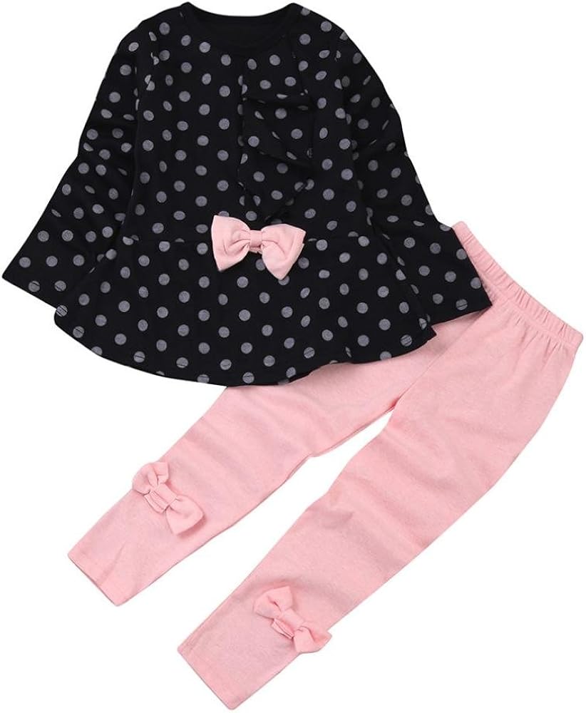 Baby Toddler Girls Kids Autumn Winter Clothes Outfit Cute Dots Print Bow Long Sleeve Top Blouse+Pants Set 2-6 T