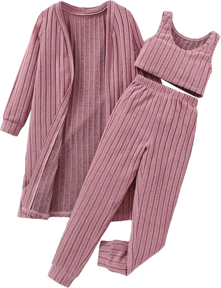 SweatyRocks Girl's 3 Piece Outfits Ribbed Knit Crop Camisole and Long Sleeve Cardigan with Pants Clothing Set