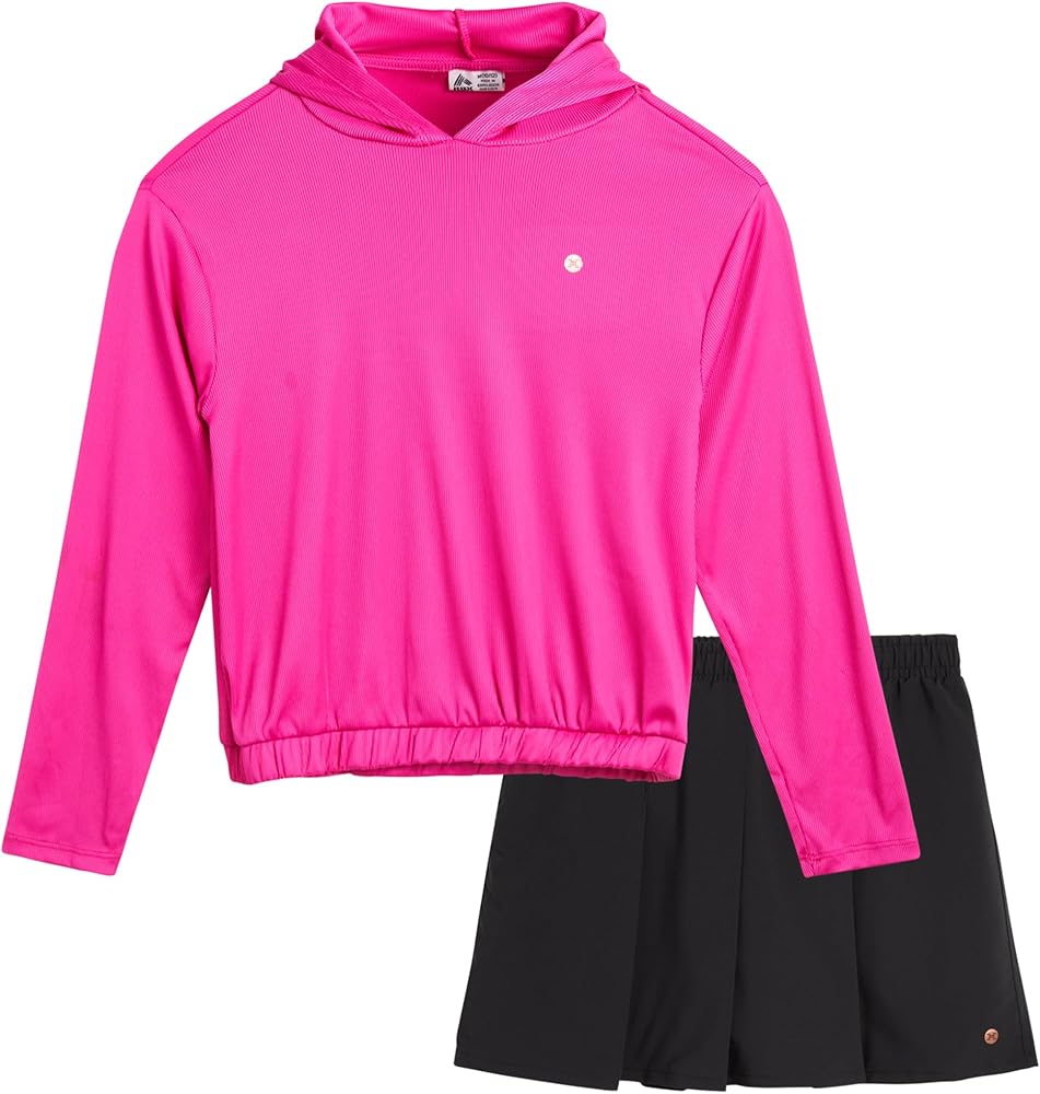 RBX Girls' Active Skort Set - 2 Piece Ribbed Crop Hoodie Sweatshirt and Dry Fit Scooter Skort - Gym Skirt Set for Girls, 7-12