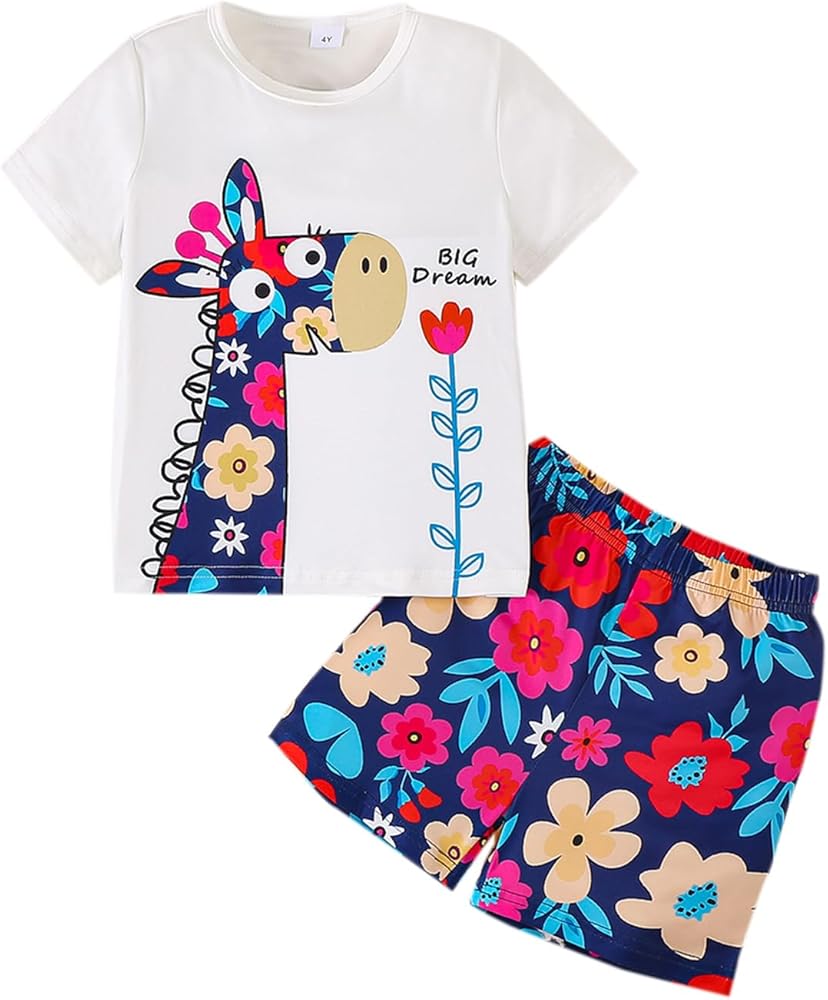 Young Girls' Giraffe Print Short Sleeve T-Shirt And Shorts Set, Summer