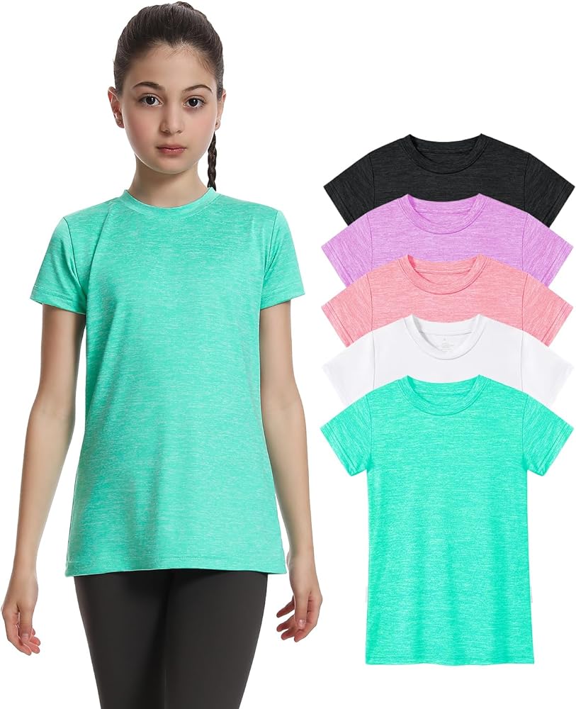 5 Pack Girls Athletic Shirts Short Sleeve Dry Fit Sports T-Shirts Crew Neck Activewear Tees Tops for Kids Teens