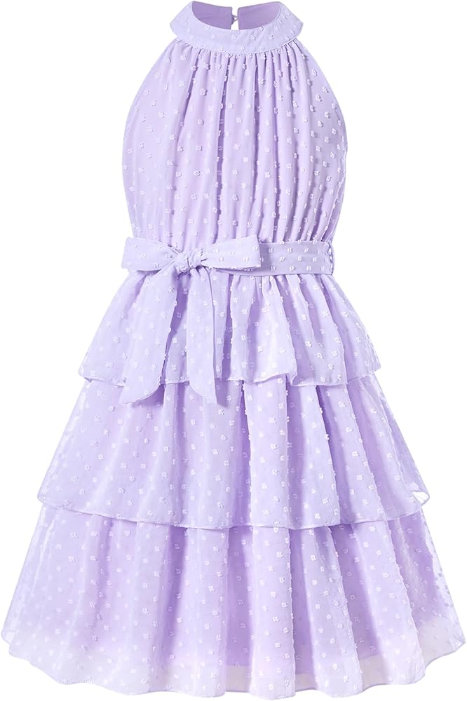 Move Dance Girls Halter Neck Dress Summer Flared A-Line Swiss Dot Chiffon Sundress 6-13 Years Old