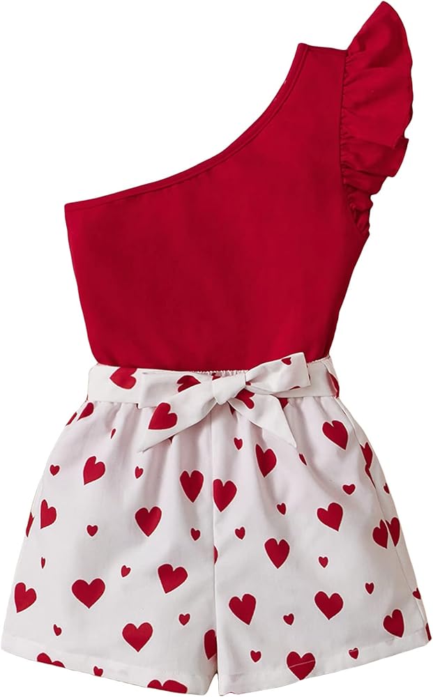 WDIRARA Girl's 2 Piece Outfit One Shoulder Ruffle Trim Top and Heart Print Belted Shorts Set