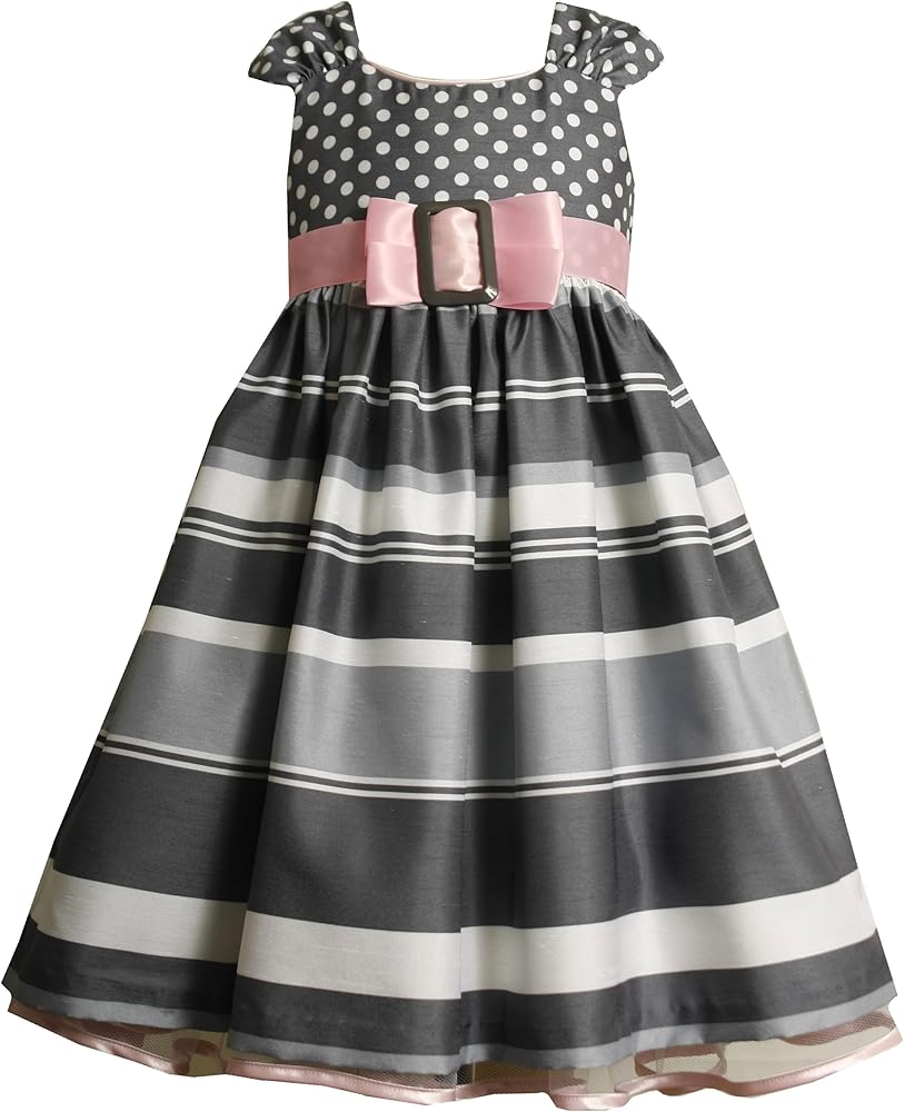 Bonnie Jean Little Girls' Dress Dot Bodice To Shantung Stripe Skirt