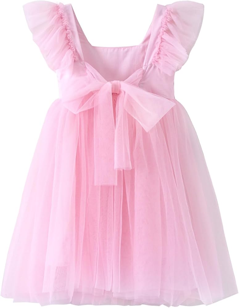 KARETT Toddler Girls Dress Tutu Tulle Flower Party Dress Ruffled Sleeve Dresses Little Girl Kids Wedding Birthday Princess