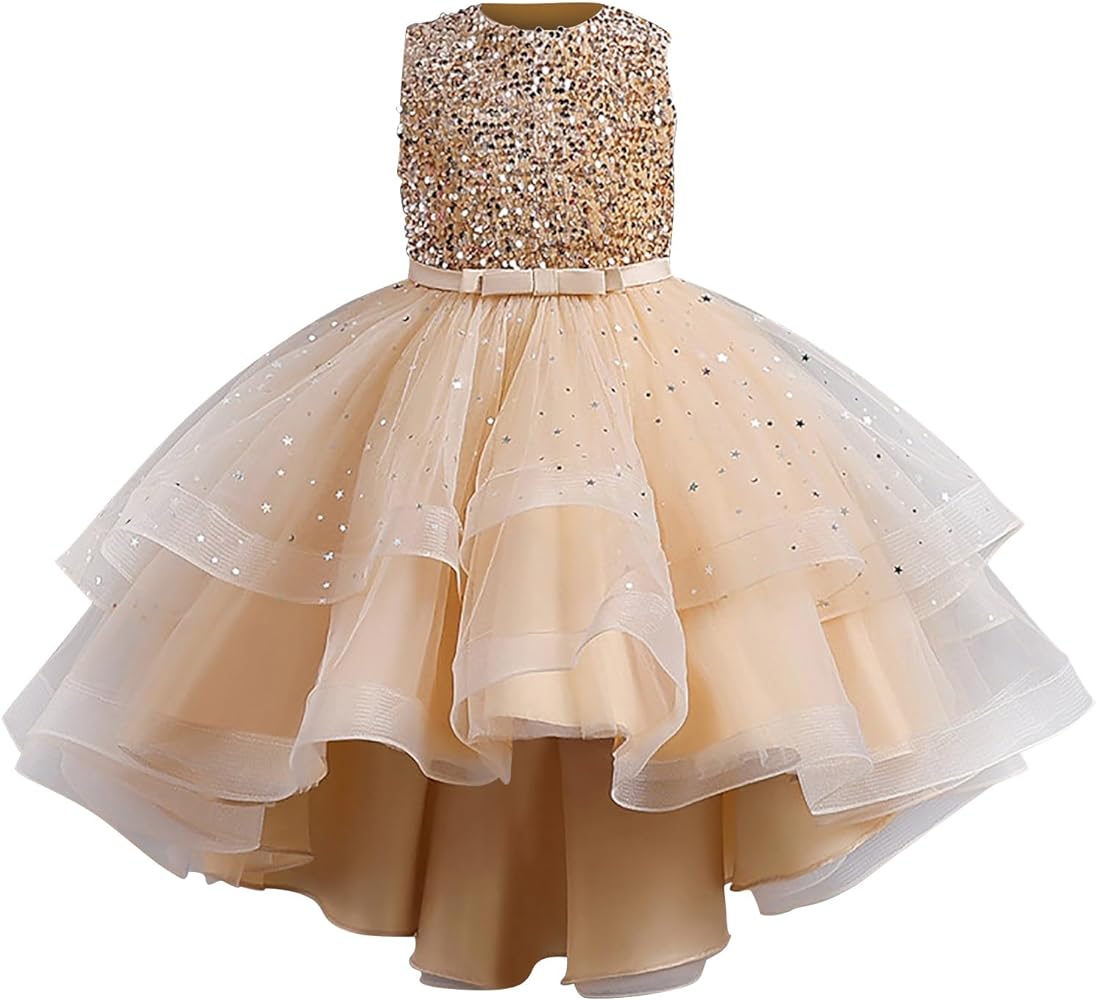 KAGAYD Girls Sequin Dress Kids Girls Wedding Pageant Long Tail Dresses Lace Party Grown with Bow-Knot