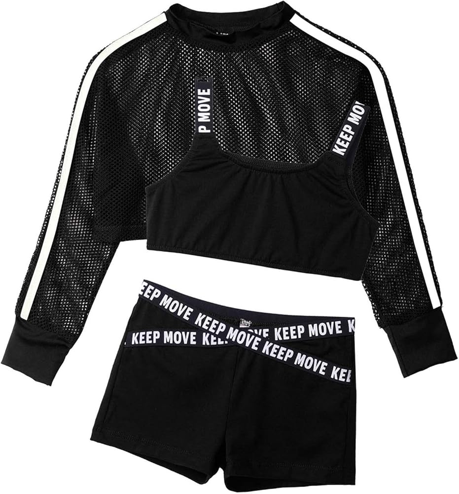 Moily Kids Girls Hip Hop Dance Outfits Mesh Fishnet Net Sweatshirt Crop Top and Booty Shorts Street Dancewear