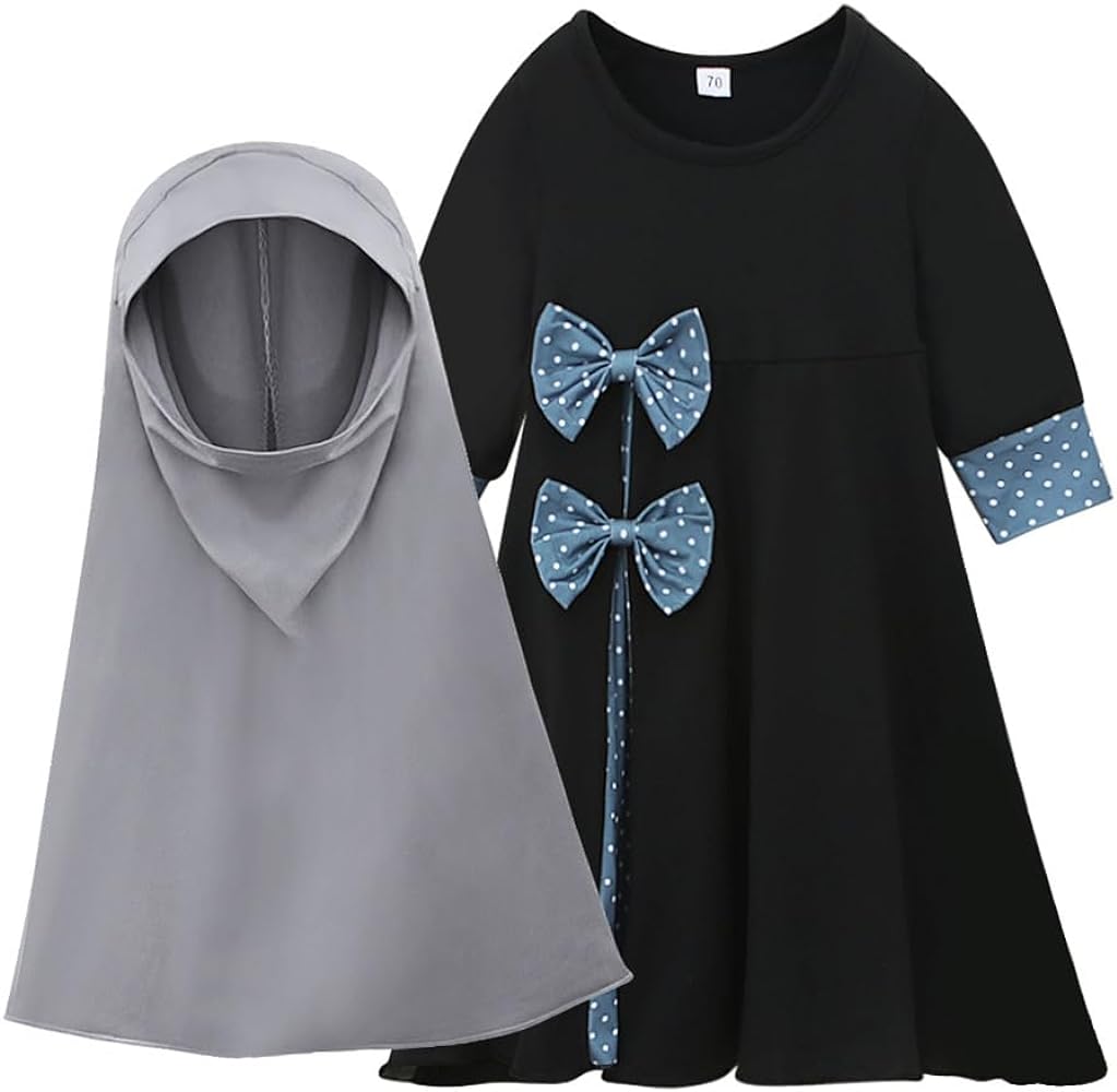 IDOPIP Muslim Girls Dress for Kids Long Sleeve Islamic Ramadan Prayer Abaya Dress Maxi Kaftan Thobe with Hijab 2PCS Clothes