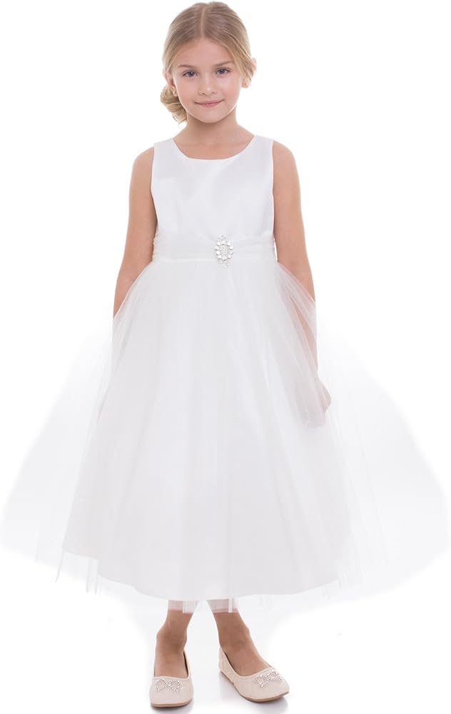 Allison Collections Girl's Sweet Ivory Satin and Tulle Dress with Brooch-Ivory