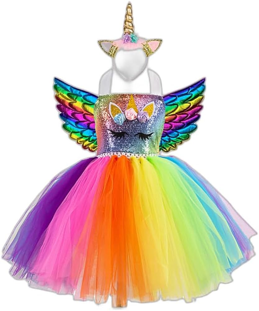 Kids Little Girls' Dress 3 Pcs Unicorn Rainbow Patchwork Birthday Party Sequins Blue 5-6 Years