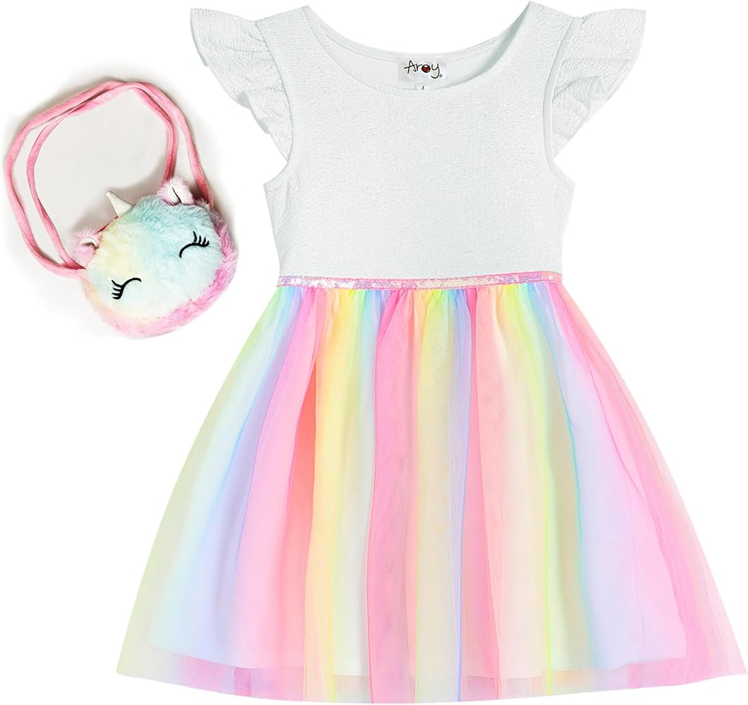 Toddler Baby Girls Dresses Rainbow Casual Short Sleeve Unicorn Tutu Dress for 3-7T Comes with a Rainbow Unicorn Furry Pouch