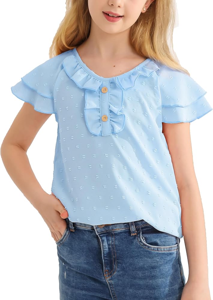 Girls Shirts V-Neck Ruffle Short Sleeve Summer Chiffon Blouses Casual Cute Swiss Dot Flowy Tee Tops 6-13Years