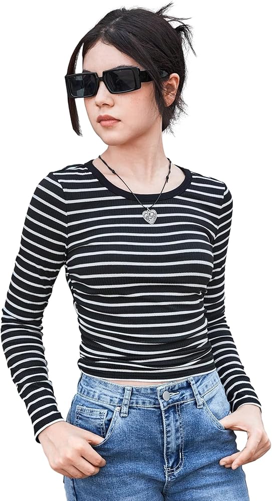 Floerns Girls Striped Print Long Sleeve Tshirt Crew Neck Casual Crop Top Tee