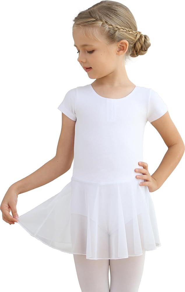 MdnMd Toddler Girls Ballet Leotards with Skirt Classic Short Sleeve Dance Gymnastic Ballerina Outfit Dress