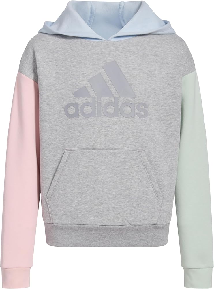 adidas Girls' Long Sleeve Graphic Fleece Hooded Pullover, Medium Grey Heather Pastel