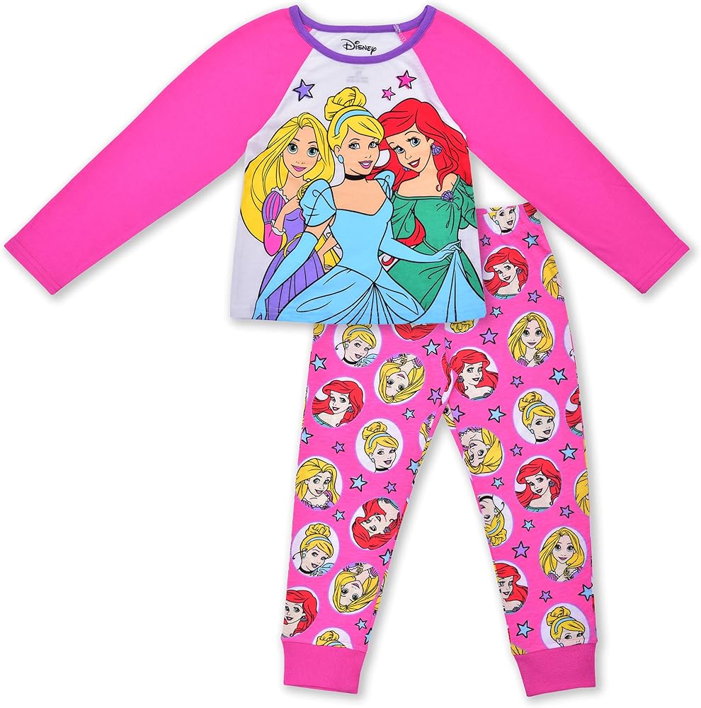 Disney Rapunzel, Cinderella and Ariel Girls’ Long Sleeve Shirt and Jogger Set for Toddler and Little Kids – Pink/Grey