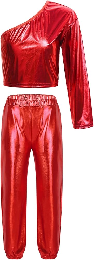 YiZYiF Kids Jazz Street Dance Outfit Metallic One Shoulder Crop Top with Pant Set Cheerleading Uniform