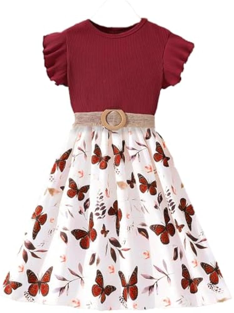 Girls' Dress Round Neck Floral Cuffs A-line Long Dress Butterfly Print Dress Female Children's Dress 8-12 Years