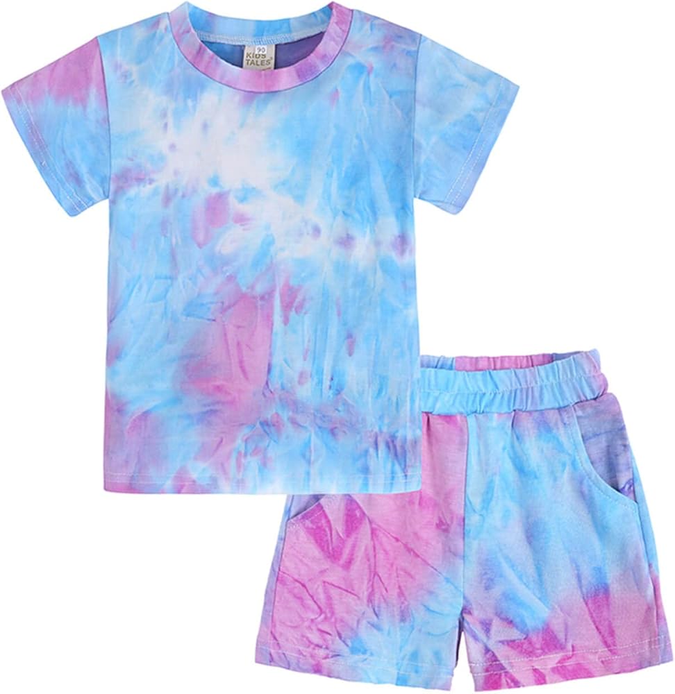 DDSOL Toddler Baby Girls Clothes Set Outfits Real Tie Dye Summer Short Sleeve Tee & Shorts Set