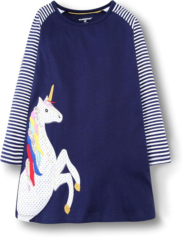 KIDSALON Little Girls Cotton Casual Longsleeve Cartoon Unicorn Princess Dress (3T, Purple-Horse)