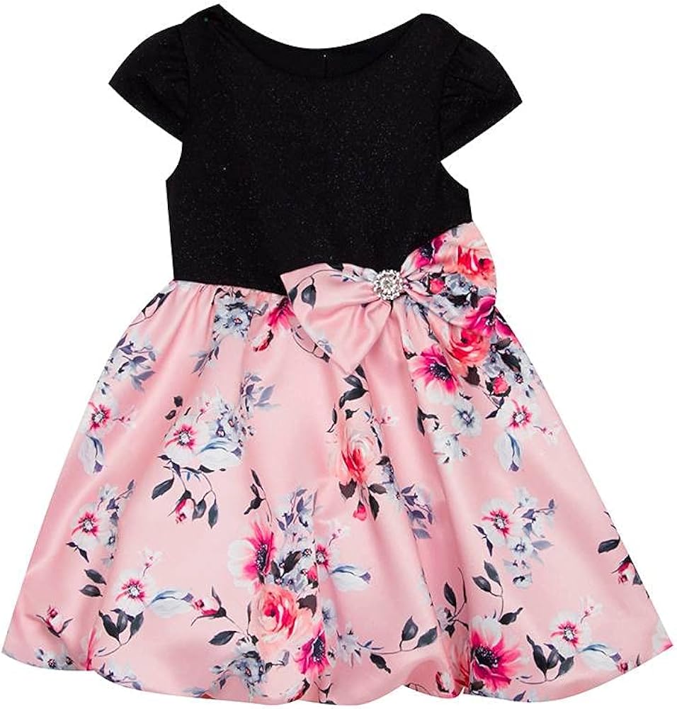 Rare Editions Pink and Black Glitter Floral Social Dress (2t-6x)