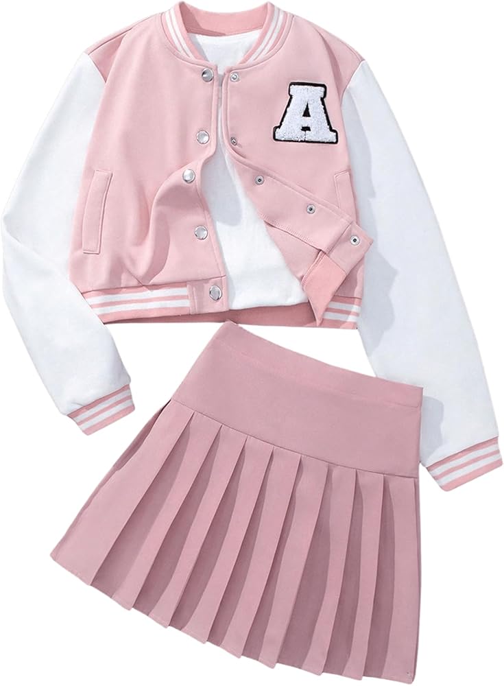 Girl's 2 Piece Outfit Letter Embroidery Baseball Jacket and Pleated Short Skirt Set