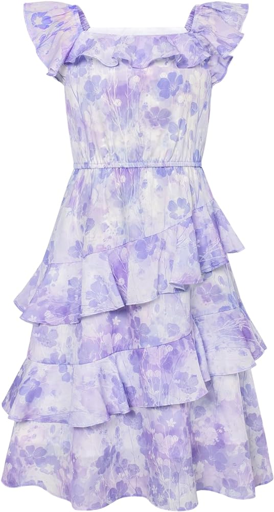 GRACE KARIN Girls Summer Dress A-line Square Neck Floral Ruffle Dress for Girls Size 5-14 Years