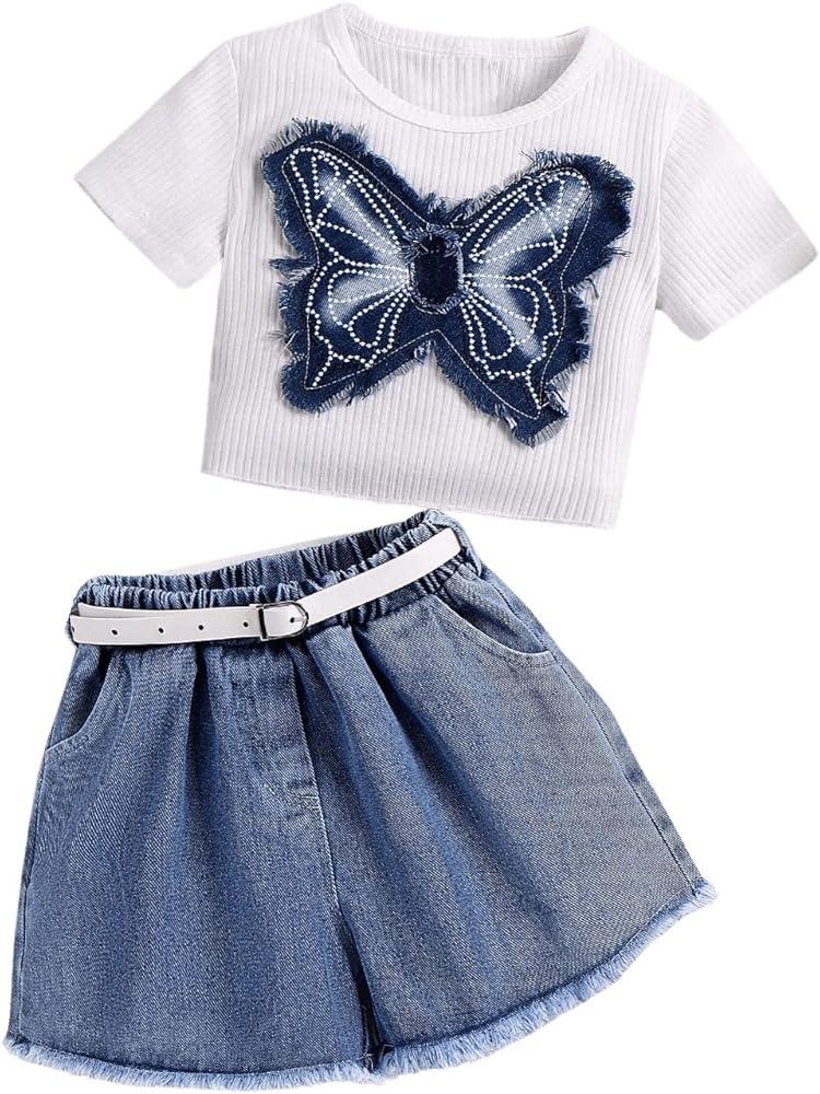 Toddler Girl's 2 Piece Outfit Sets Butterfly Print Cute Rib Knit Summer Tee Shirts Top and Denim Shorts