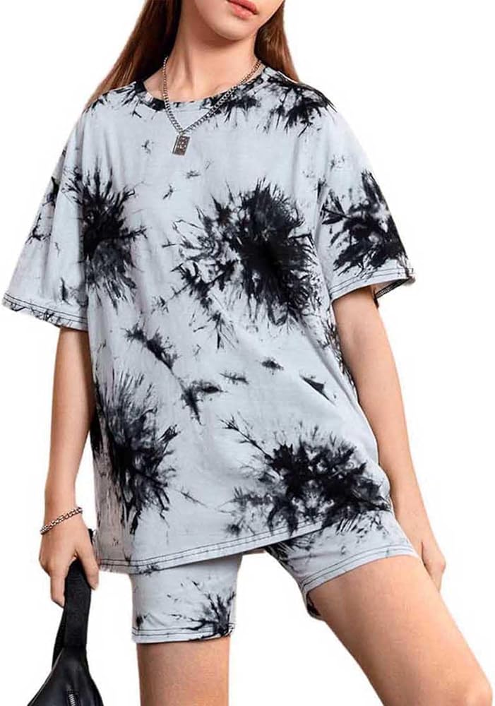 Milumia Girl's Summer Outfits 2 Piece Tie Dye Short Sleeve Loose Tee and Biker Shorts Sets