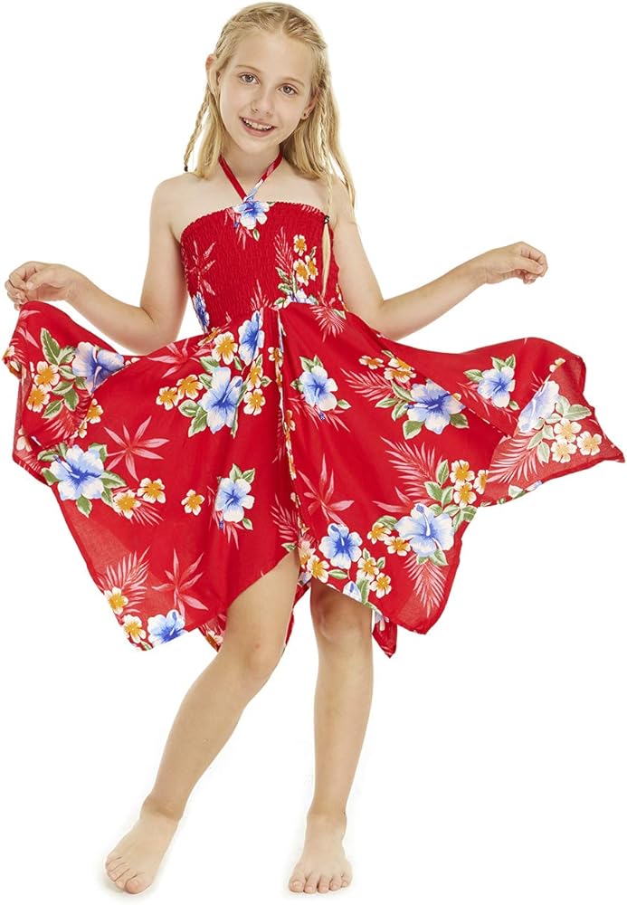 Girl Gypsy Uneven Bottom Hawaiian Luau Dress in Hibiscus