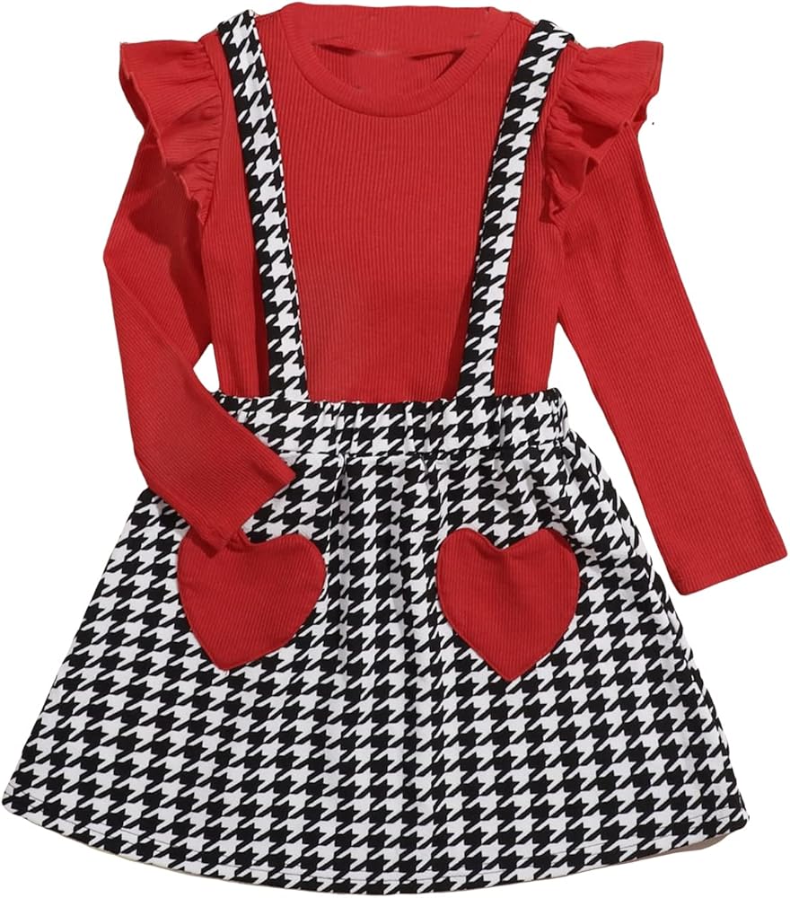 WDIRARA Toddler Girl's 2 Piece Outfits Long Sleeve Ruffle Top And Houndstooth Suspender Skirt Set